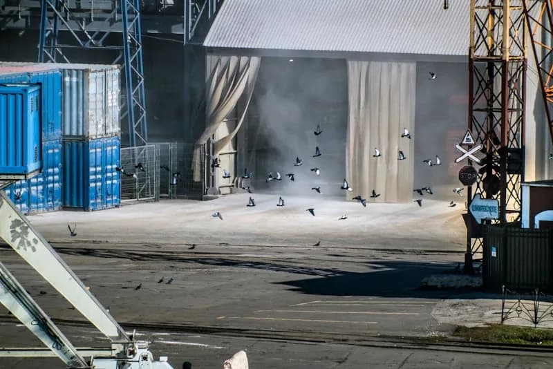Palomas volando dentro de una nave industrial con puertas abiertas y estructura de acero
