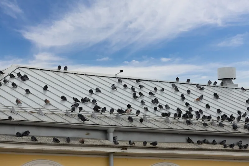 Palomas descansando sobre un techo de lámina junto a un extractor de ventilación