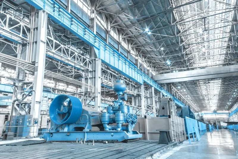 Equipos electromecánicos de gran tamaño dentro de una planta industrial con estructura metálica